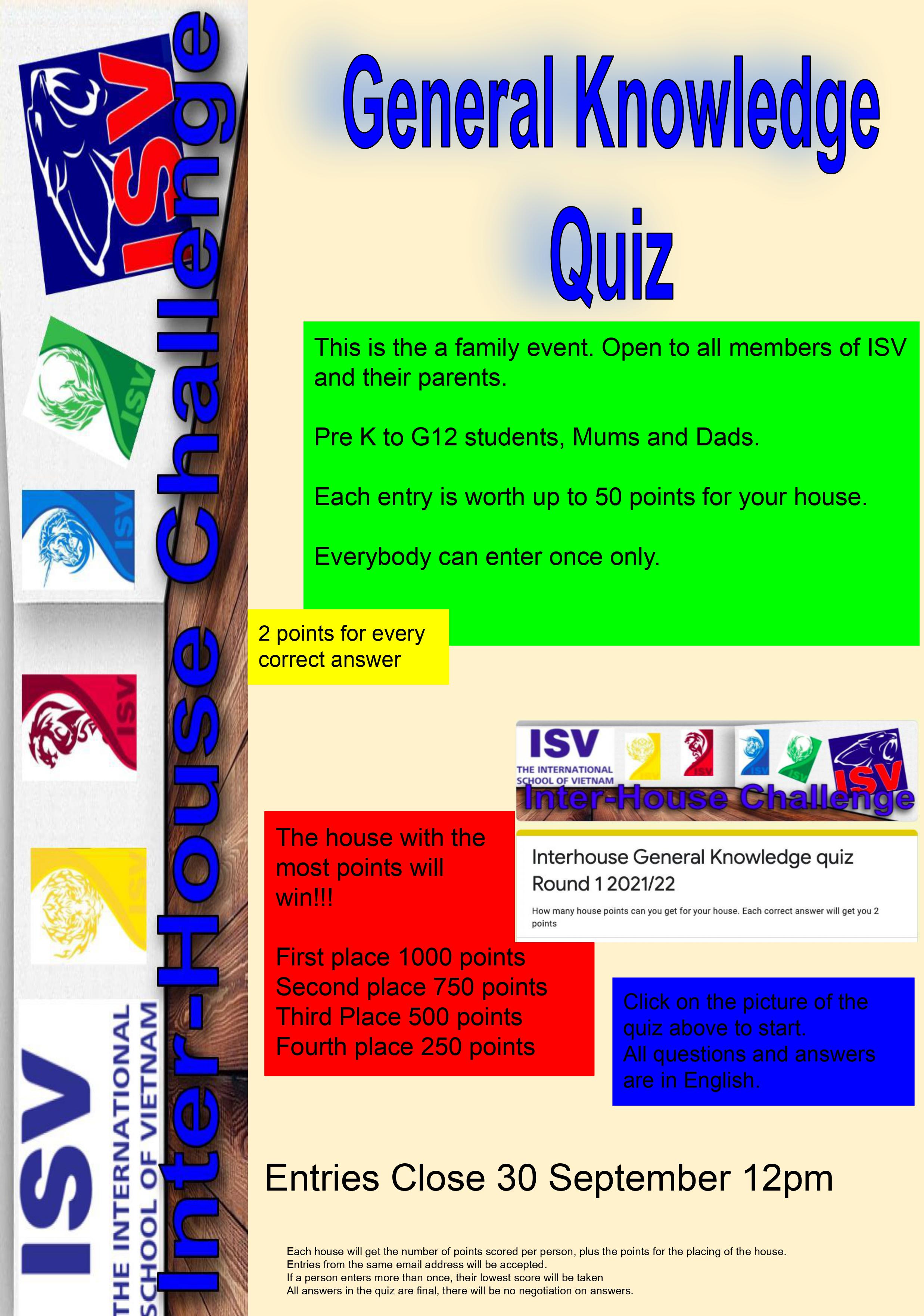 Interhouse General Knowledge Quiz Round 1 2021/22